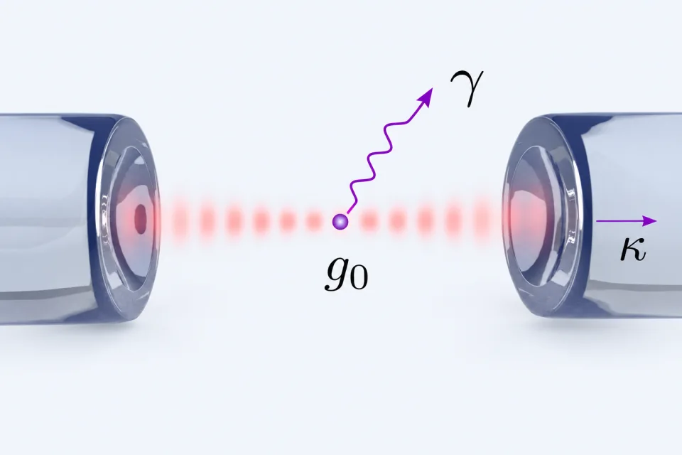 An ion coupled to a fiber microcavity, showing ion–cavity coupling and the emission channels.